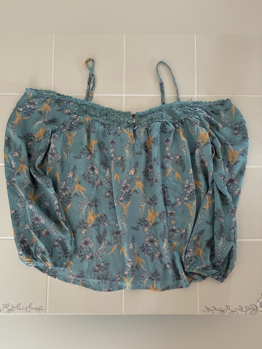 Rewind Aqua Stream Lace-Trim Floral Camisole Cold Shoulder Blouse - Picture 3 of 3